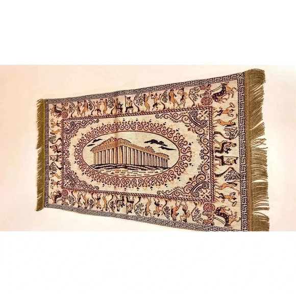 Vintage Greek Mount Olympus Table Cloth Tapestry Runner Fringe Rare - Picture 1 of 10